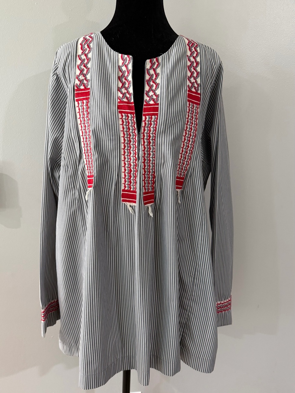 Gallabia Grey White Striped Red Embroidered Tassels Women's Blouse Shirt Ethnic
